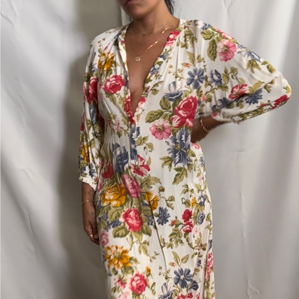 ZARA flower print tunic with buttons in neckline